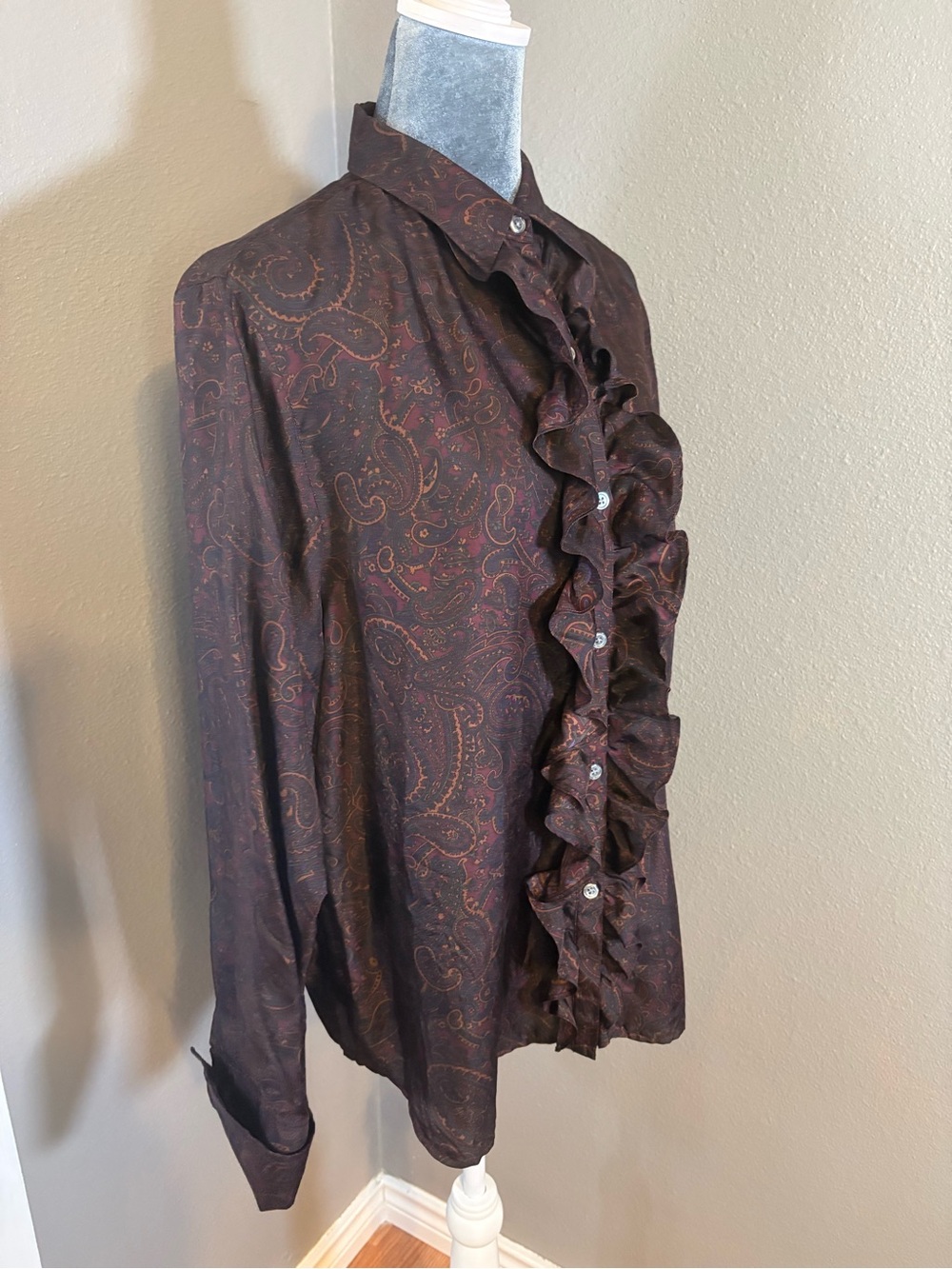 Ralph Lauren 100% Silk Paisley Ruffle Button-Up Blouse Size L - Picture 3 of 10